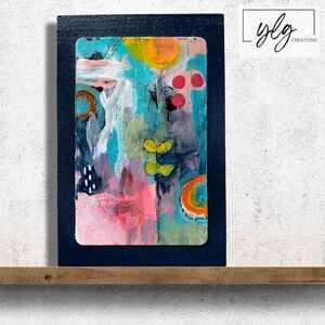 Abstract Acrylic Art Original Mini Painting Blue Pink Green Yellow Leaves 3